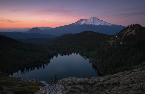 Sunset over the Shasta region from Heart Lake, with Castle Lake in the foreground