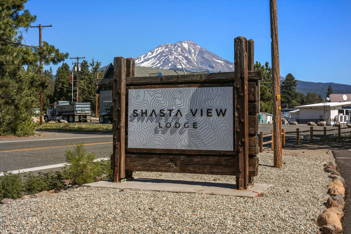 Shasta View Lodge sign beneath Mount Shasta